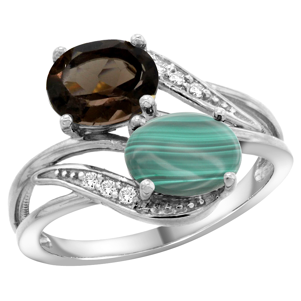 10K White Gold Diamond Natural Smoky Topaz & Malachite 2-stone Ring Oval 8x6mm, sizes 5 - 10