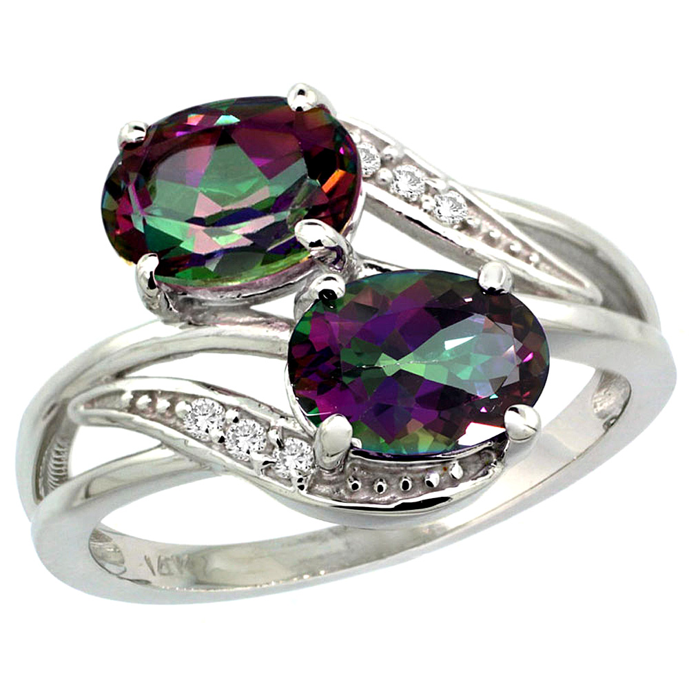 14K White Gold Diamond Natural Mystic Topaz 2-stone Ring Oval 8x6mm, sizes 5 - 10