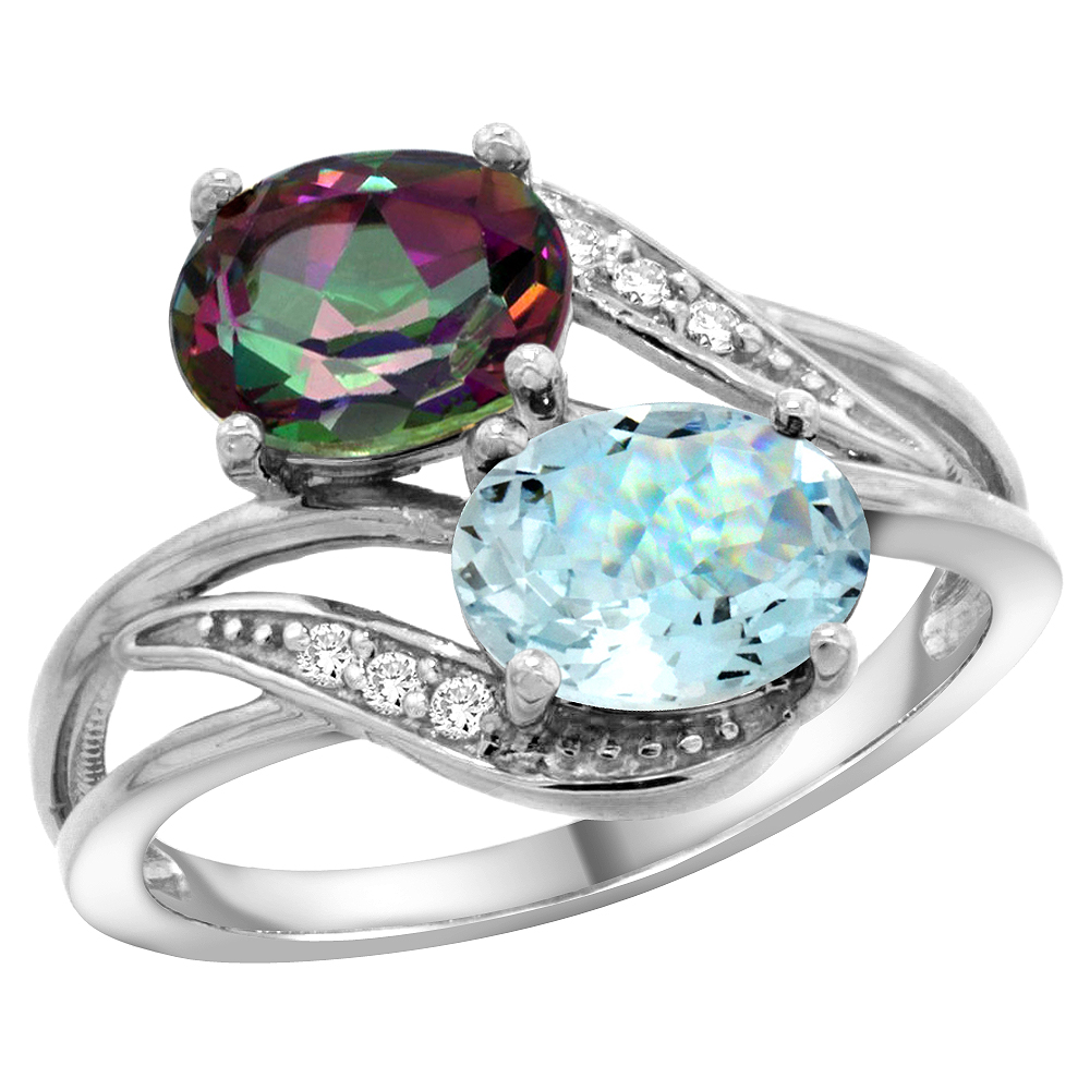 10K White Gold Diamond Natural Mystic Topaz &amp; Aquamarine 2-stone Ring Oval 8x6mm, sizes 5 - 10