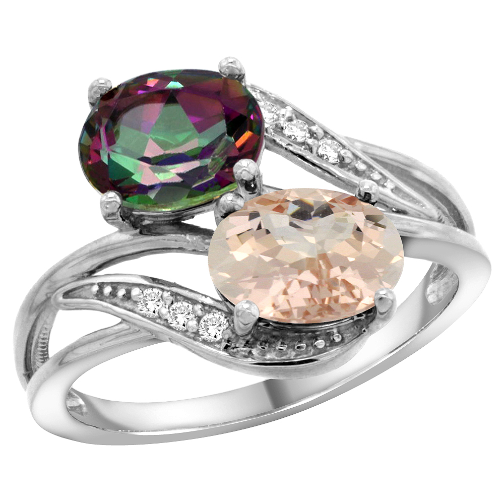 10K White Gold Diamond Natural Mystic Topaz &amp; Morganite 2-stone Ring Oval 8x6mm, sizes 5 - 10