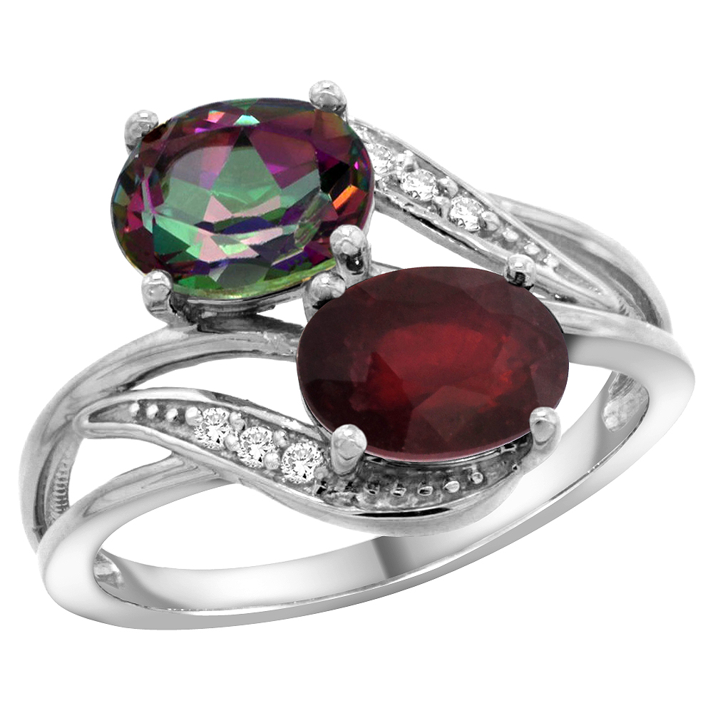 10K White Gold Diamond Natural Mystic Topaz &amp; Enhanced Ruby 2-stone Ring Oval 8x6mm, sizes 5 - 10