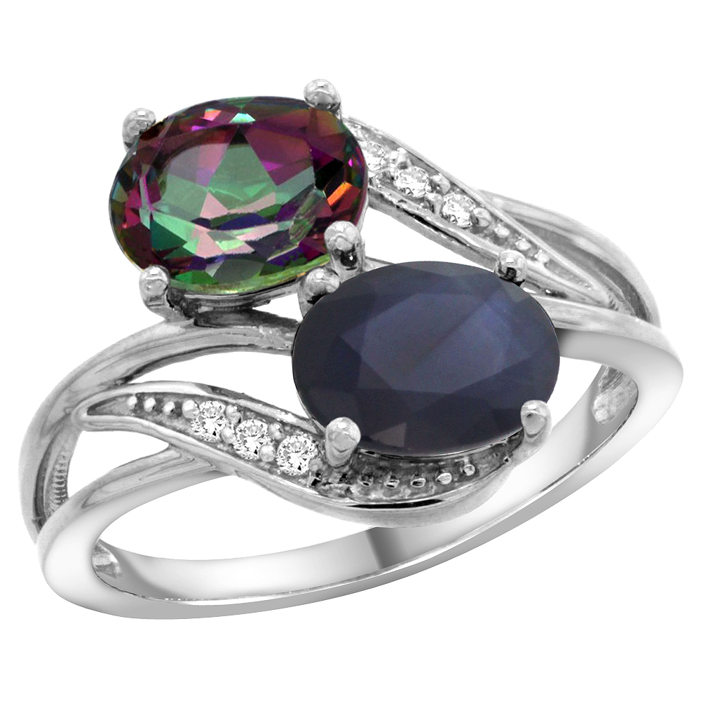 10K White Gold Diamond Natural Mystic Topaz &amp; Blue Sapphire 2-stone Ring Oval 8x6mm, sizes 5 - 10