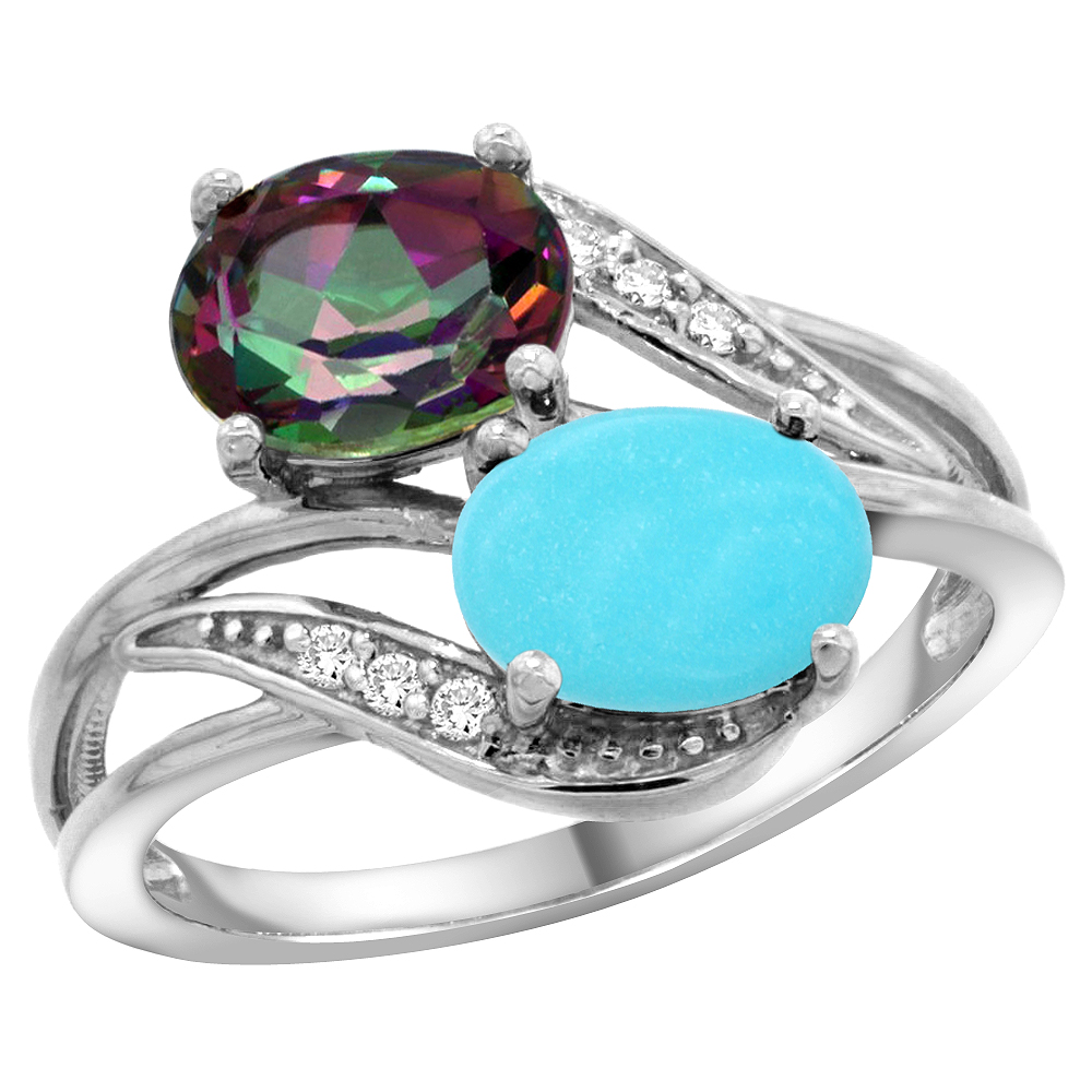 10K White Gold Diamond Natural Mystic Topaz & Turquoise 2-stone Ring Oval 8x6mm, sizes 5 - 10