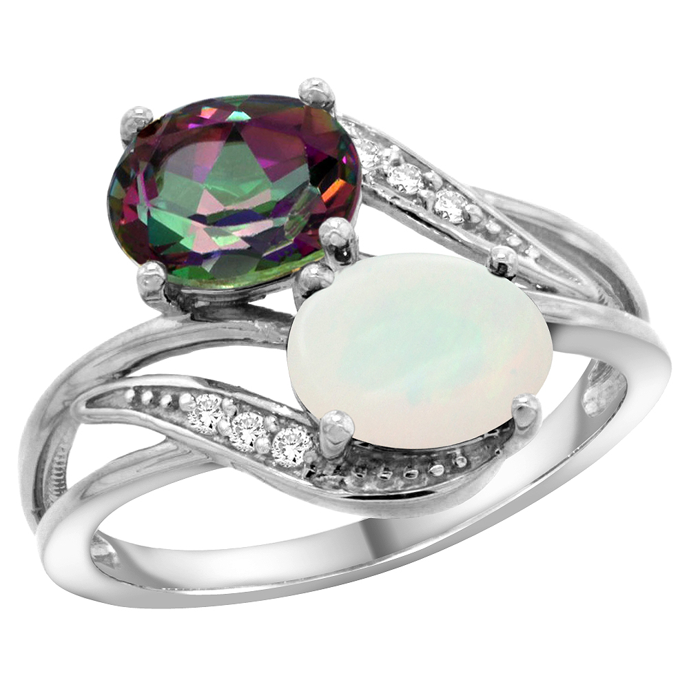 10K White Gold Diamond Natural Mystic Topaz &amp; Opal 2-stone Ring Oval 8x6mm, sizes 5 - 10