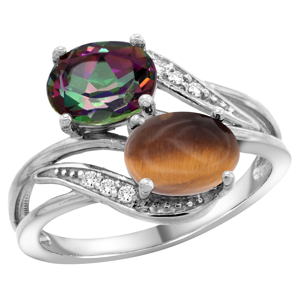 10K White Gold Diamond Natural Mystic Topaz &amp; Tiger Eye 2-stone Ring Oval 8x6mm, sizes 5 - 10