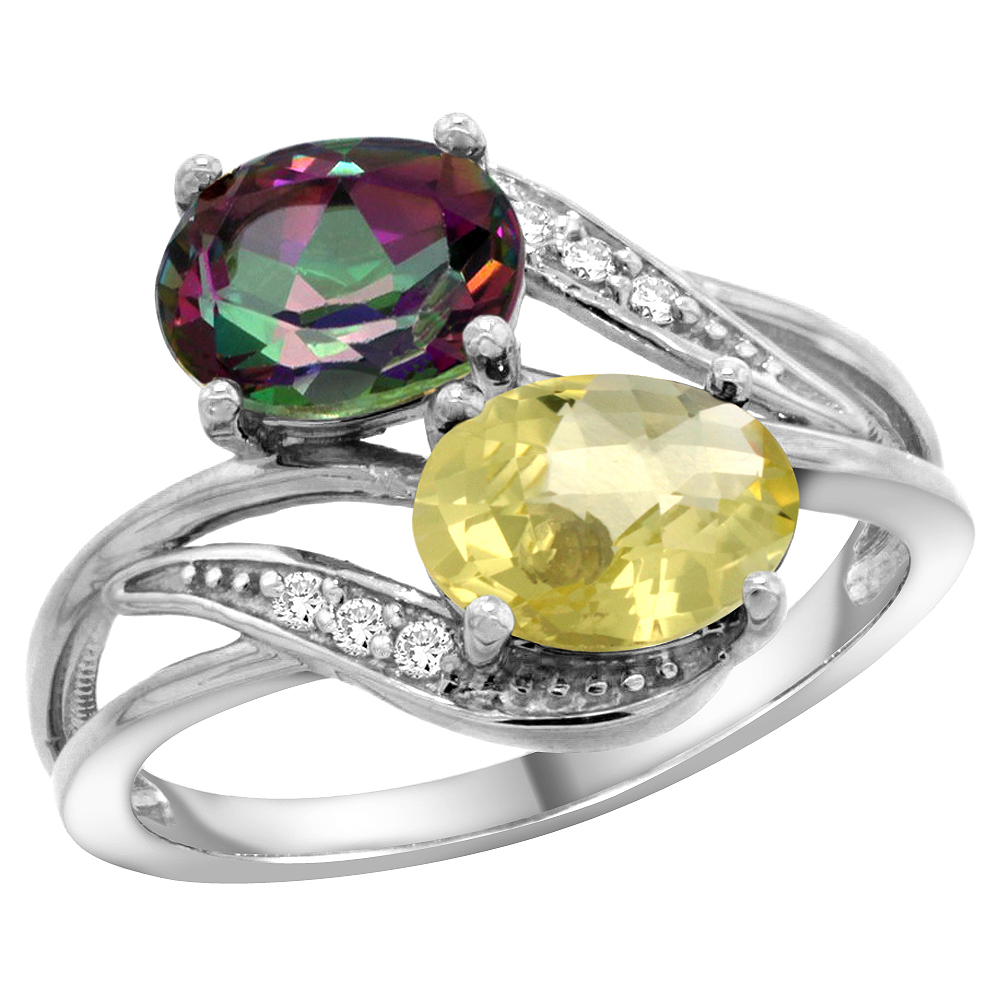 10K White Gold Diamond Natural Mystic Topaz &amp; Lemon Quartz 2-stone Ring Oval 8x6mm, sizes 5 - 10