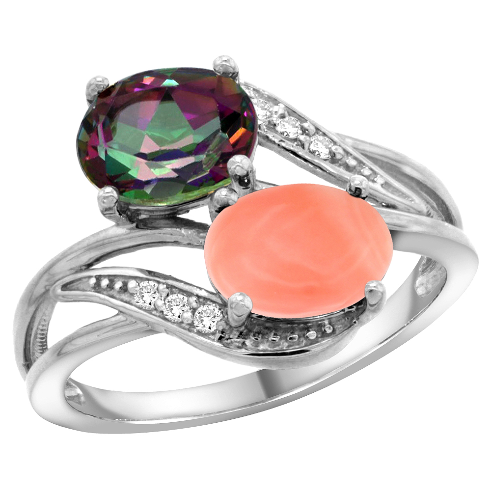 10K White Gold Diamond Natural Mystic Topaz & Coral 2-stone Ring Oval 8x6mm, sizes 5 - 10