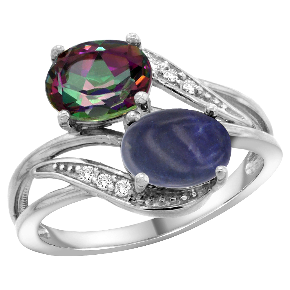 10K White Gold Diamond Natural Mystic Topaz &amp; Lapis 2-stone Ring Oval 8x6mm, sizes 5 - 10