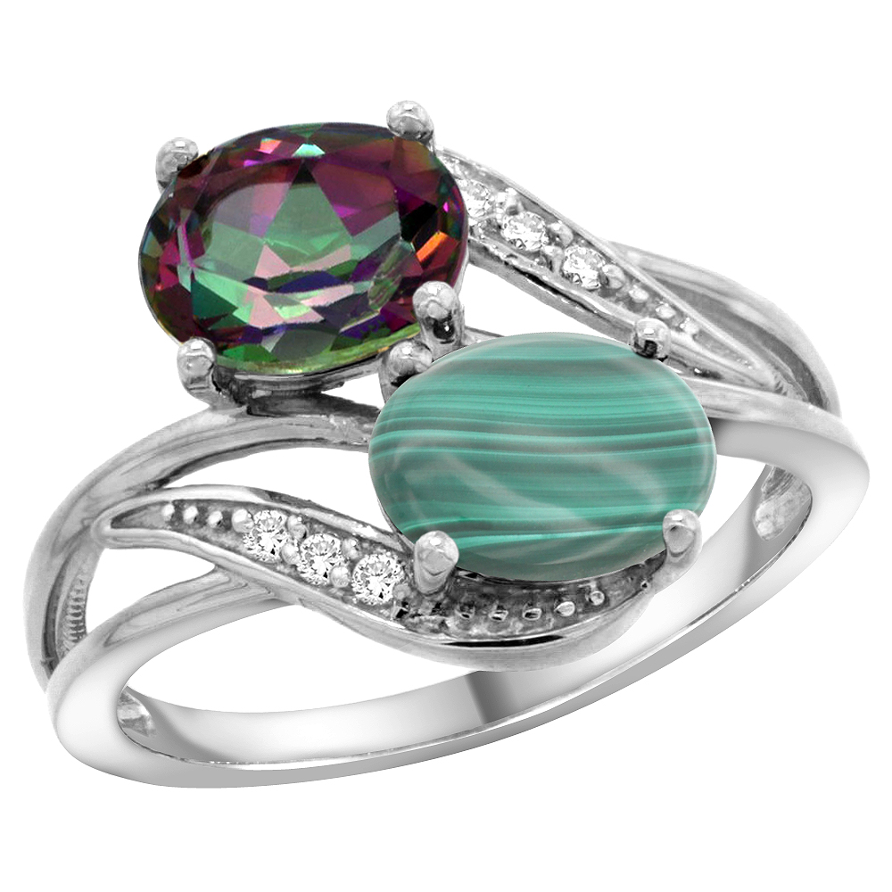 10K White Gold Diamond Natural Mystic Topaz &amp; Malachite 2-stone Ring Oval 8x6mm, sizes 5 - 10