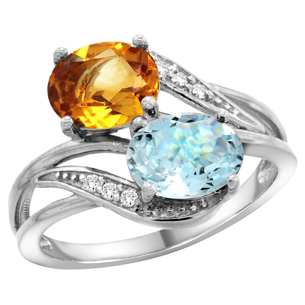 10K White Gold Diamond Natural Citrine &amp; Aquamarine 2-stone Ring Oval 8x6mm, sizes 5 - 10