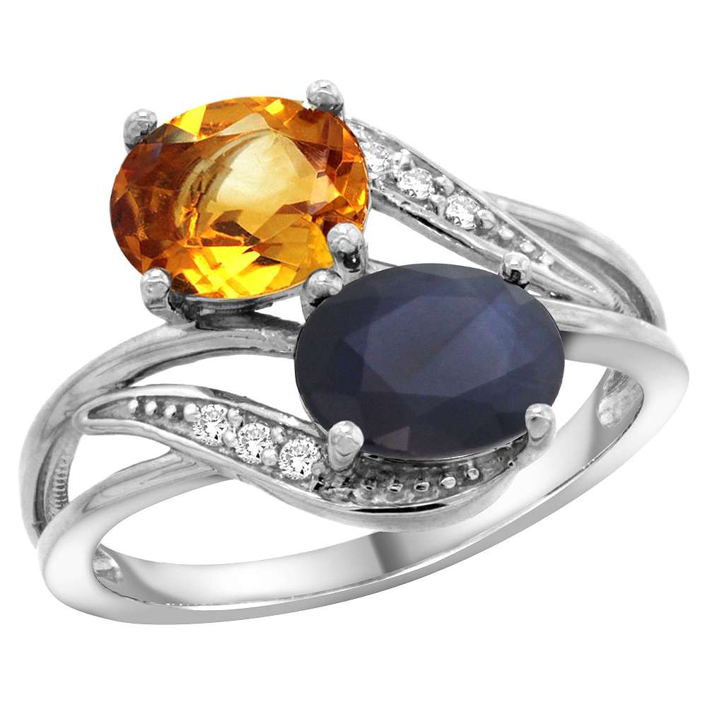 10K White Gold Diamond Natural Citrine & Blue Sapphire 2-stone Ring Oval 8x6mm, sizes 5 - 10