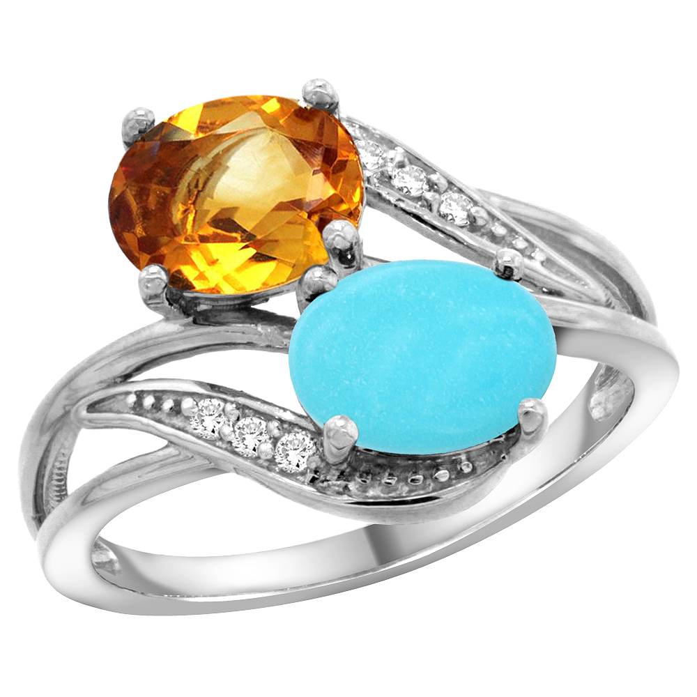 10K White Gold Diamond Natural Citrine &amp; Turquoise 2-stone Ring Oval 8x6mm, sizes 5 - 10