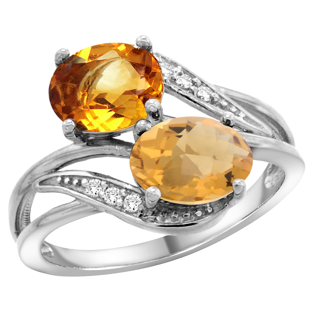 10K White Gold Diamond Natural Citrine &amp; Whisky Quartz 2-stone Ring Oval 8x6mm, sizes 5 - 10