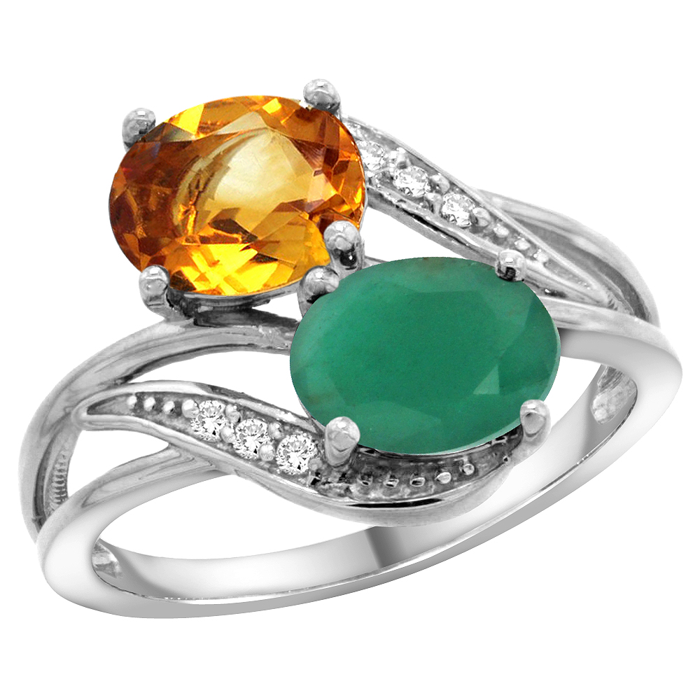 10K White Gold Diamond Natural Citrine & Quality Emerald 2-stone Mothers Ring Oval 8x6mm, size 5 - 10