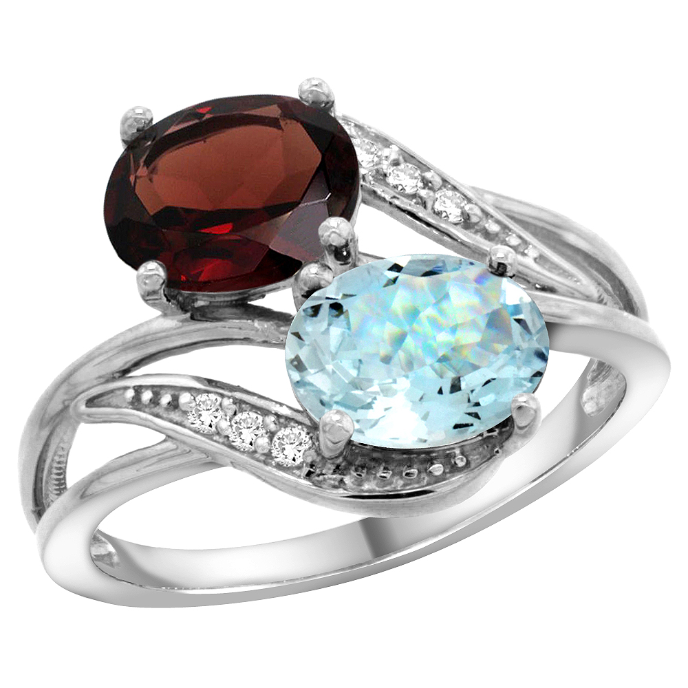 10K White Gold Diamond Natural Garnet &amp; Aquamarine 2-stone Ring Oval 8x6mm, sizes 5 - 10