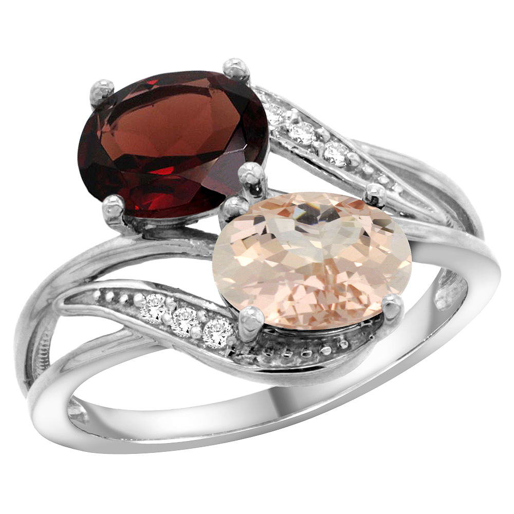 10K White Gold Diamond Natural Garnet &amp; Morganite 2-stone Ring Oval 8x6mm, sizes 5 - 10