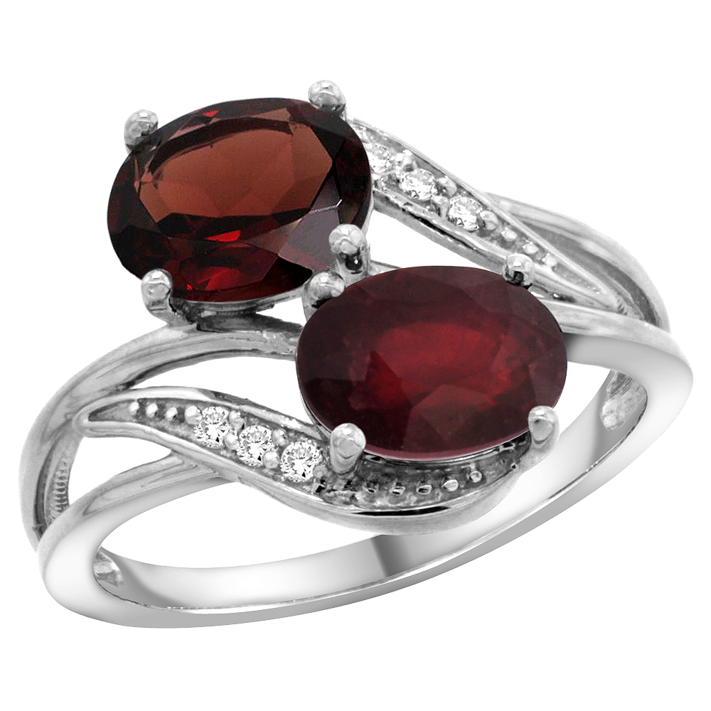 10K White Gold Diamond Natural Garnet &amp; Enhanced Ruby 2-stone Ring Oval 8x6mm, sizes 5 - 10