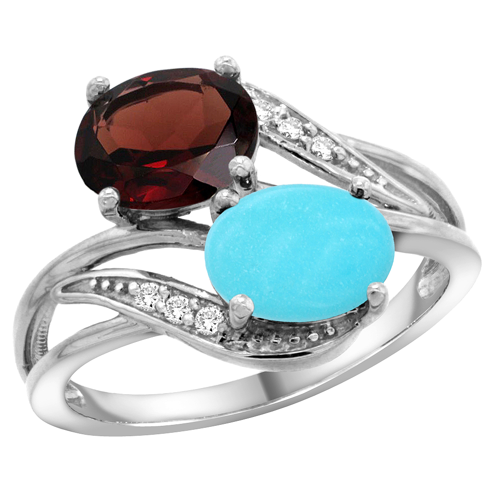 10K White Gold Diamond Natural Garnet &amp; Turquoise 2-stone Ring Oval 8x6mm, sizes 5 - 10