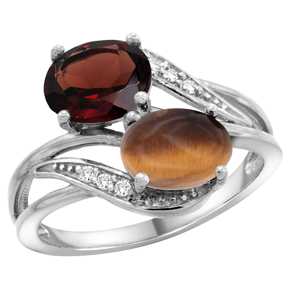 10K White Gold Diamond Natural Garnet &amp; Tiger Eye 2-stone Ring Oval 8x6mm, sizes 5 - 10