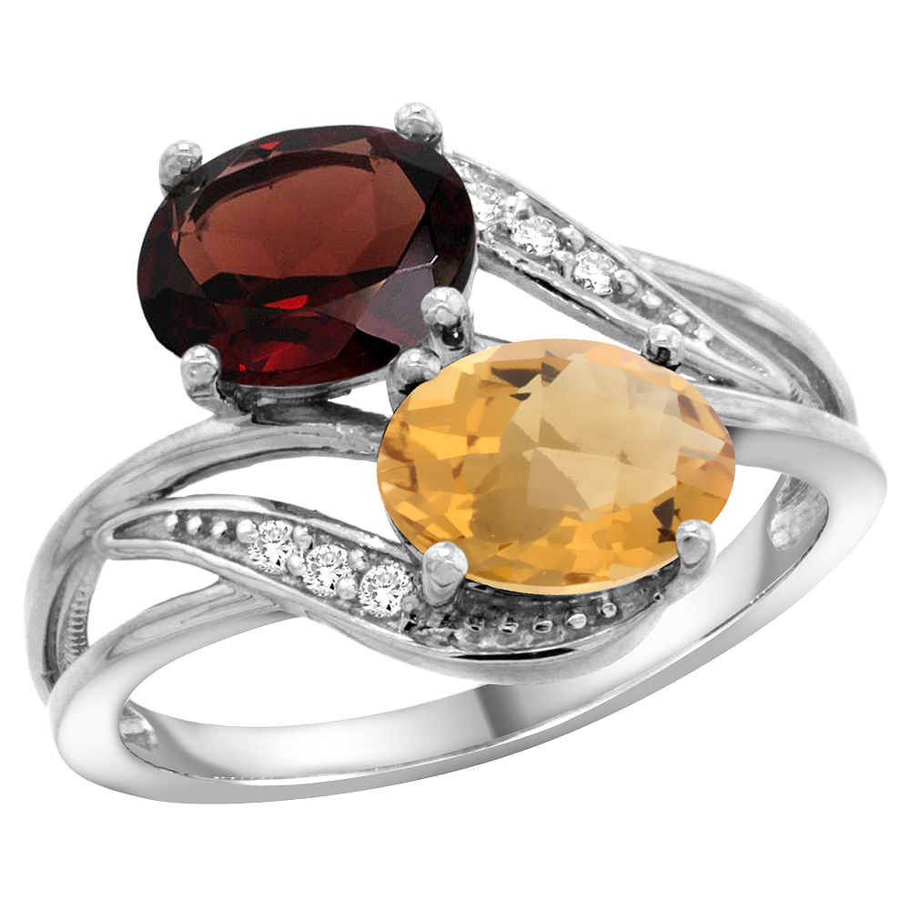 10K White Gold Diamond Natural Garnet & Whisky Quartz 2-stone Ring Oval 8x6mm, sizes 5 - 10