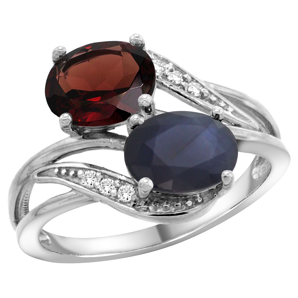 10K White Gold Diamond Natural Garnet &amp; Australian Sapphire 2-stone Ring Oval 8x6mm, sizes 5 - 10