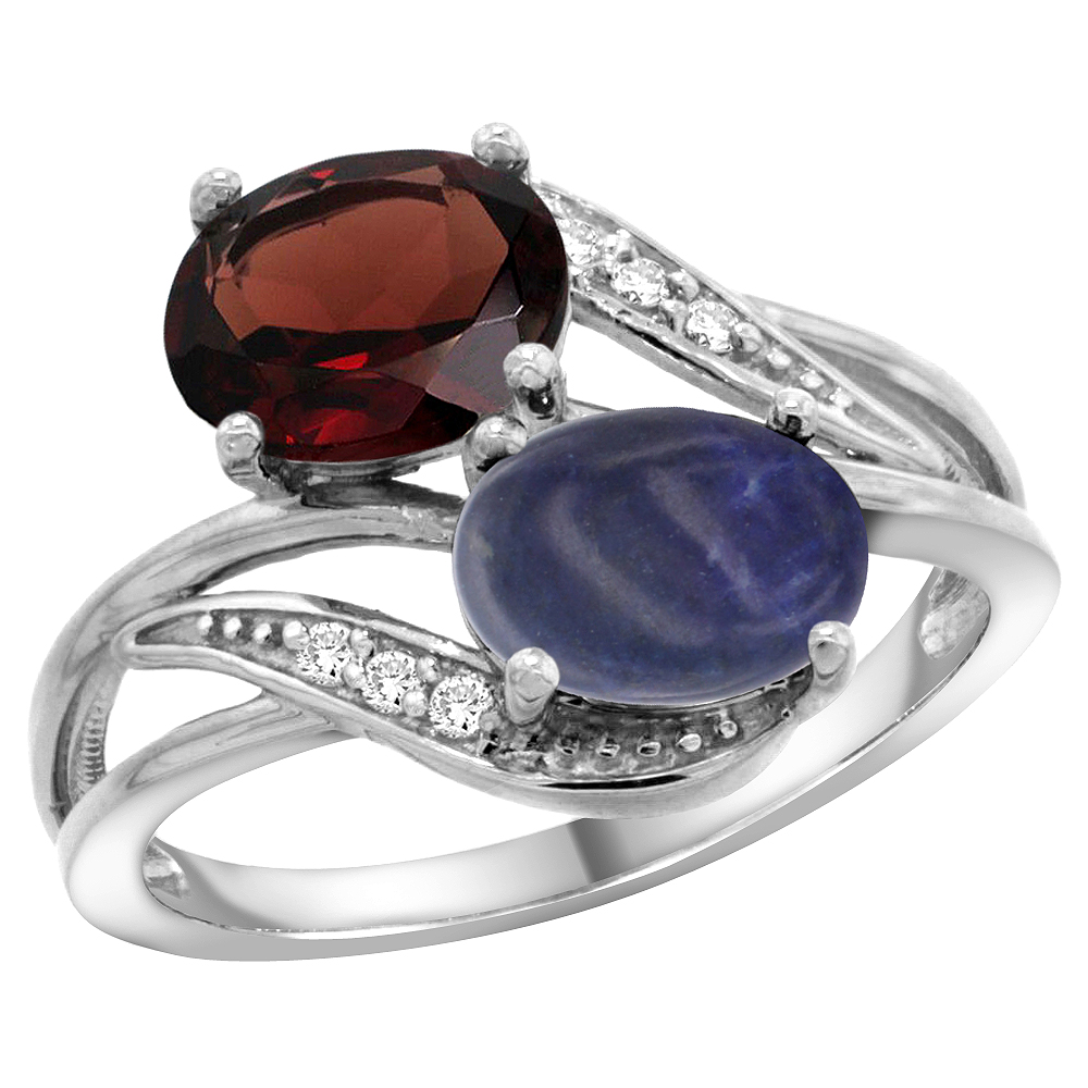 10K White Gold Diamond Natural Garnet &amp; Lapis 2-stone Ring Oval 8x6mm, sizes 5 - 10