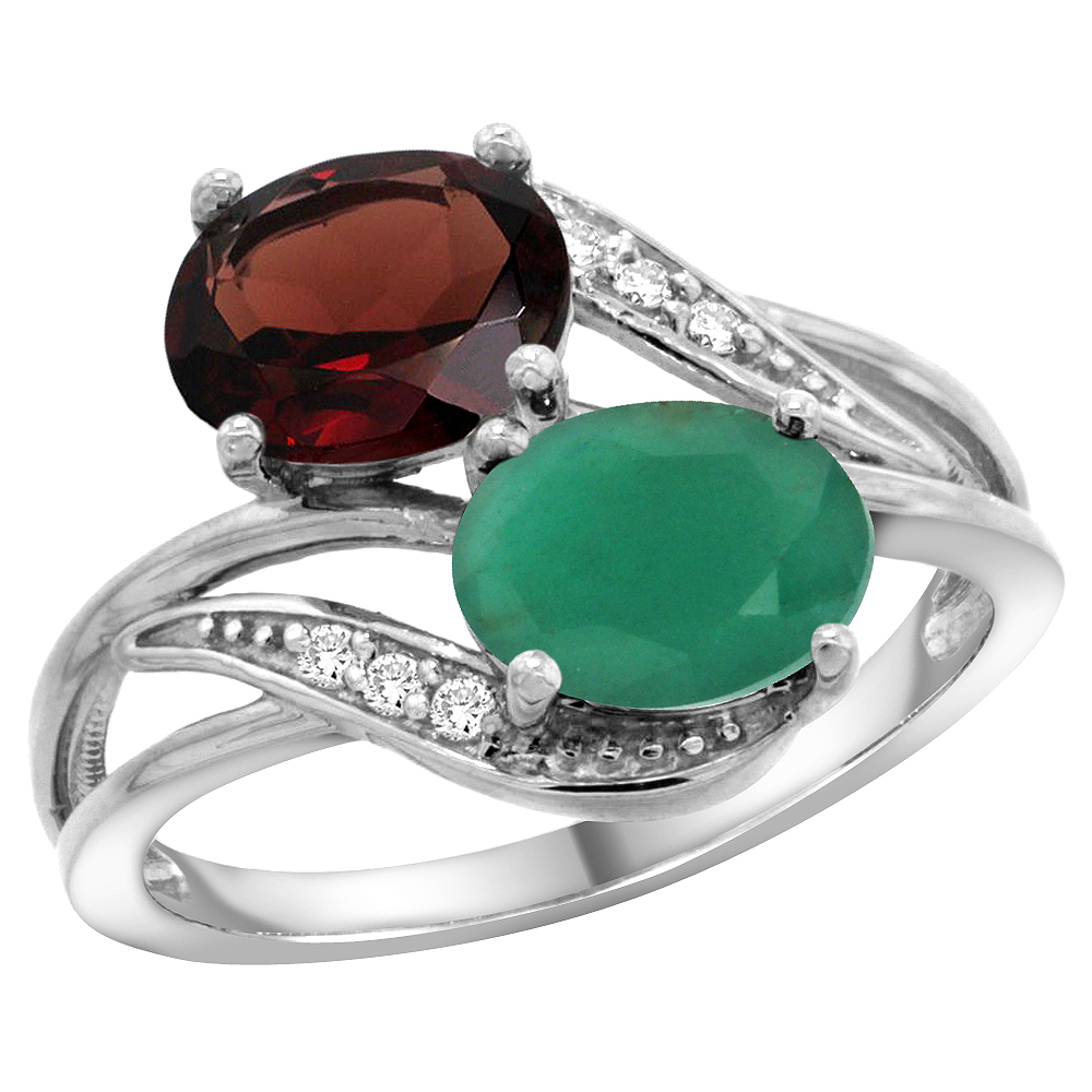 10K White Gold Diamond Natural Garnet &amp; Quality Emerald 2-stone Mothers Ring Oval 8x6mm, size 5 - 10