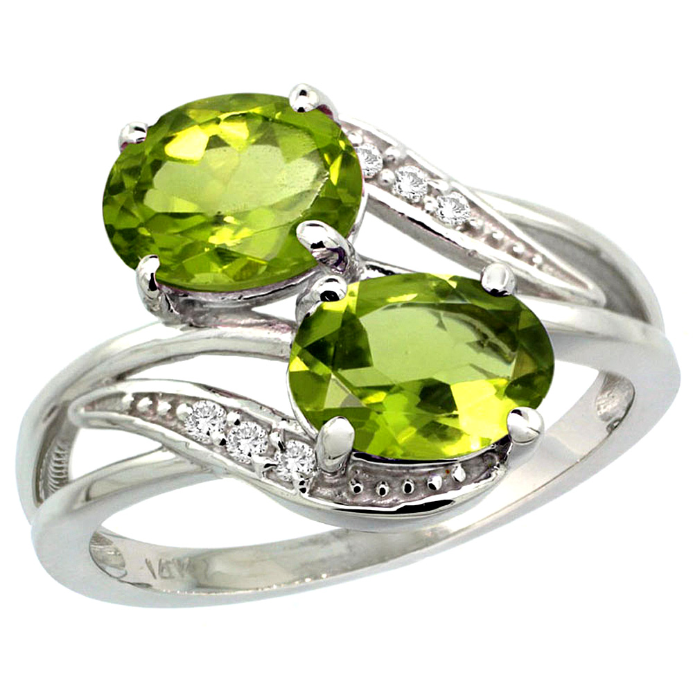 14K White Gold Diamond Natural Peridot 2-stone Ring Oval 8x6mm, sizes 5 - 10