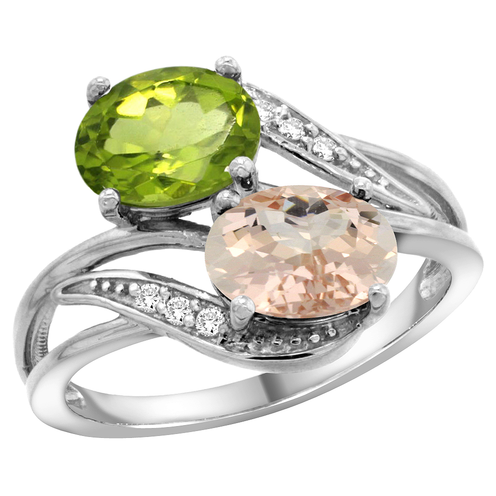 10K White Gold Diamond Natural Peridot & Morganite 2-stone Ring Oval 8x6mm, sizes 5 - 10