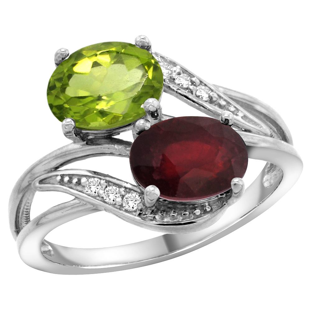 10K White Gold Diamond Natural Peridot & Enhanced Ruby 2-stone Ring Oval 8x6mm, sizes 5 - 10