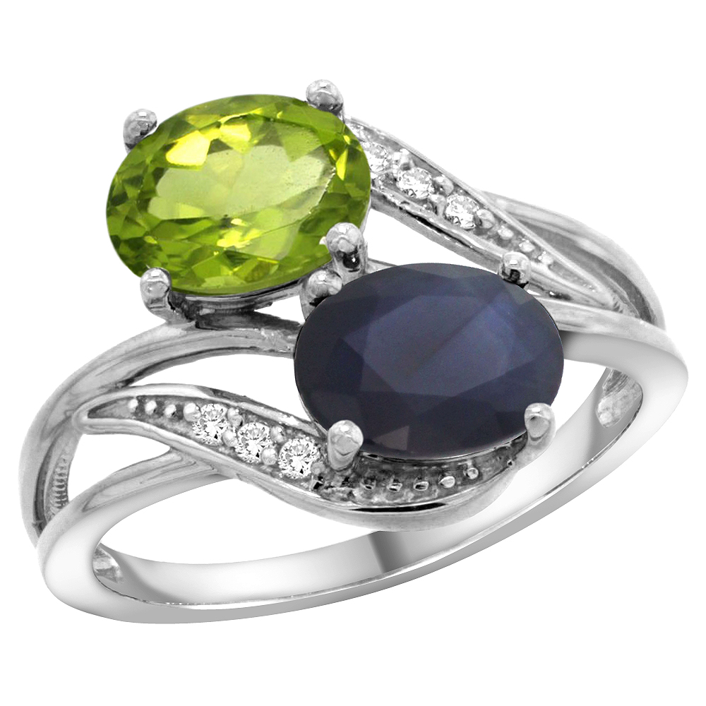 10K White Gold Diamond Natural Peridot & Blue Sapphire 2-stone Ring Oval 8x6mm, sizes 5 - 10