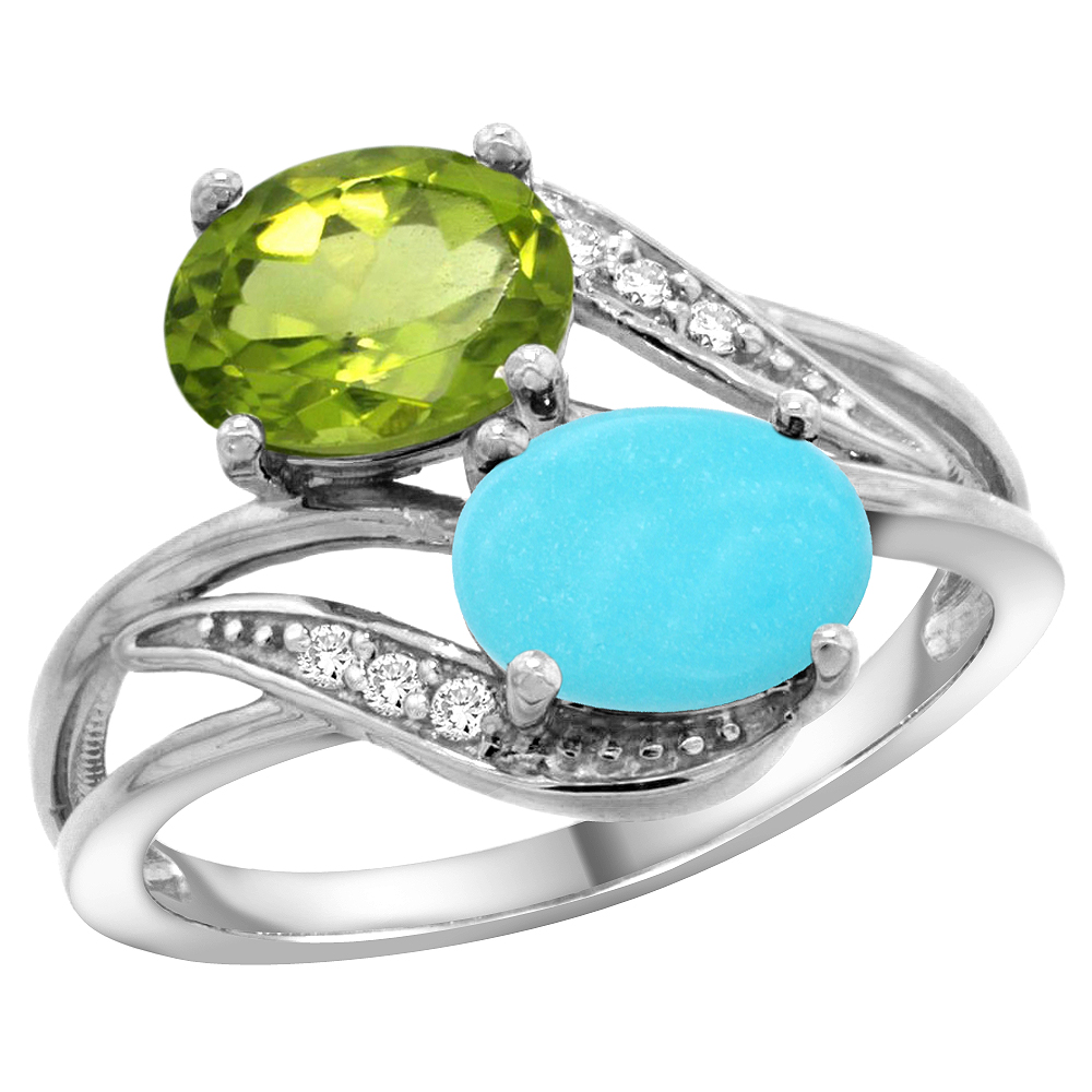 10K White Gold Diamond Natural Peridot & Turquoise 2-stone Ring Oval 8x6mm, sizes 5 - 10