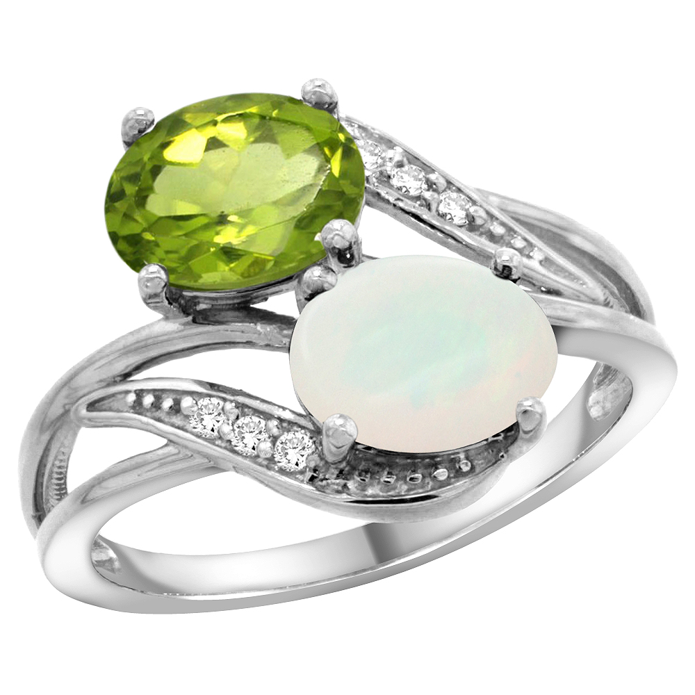 10K White Gold Diamond Natural Peridot & Opal 2-stone Ring Oval 8x6mm, sizes 5 - 10