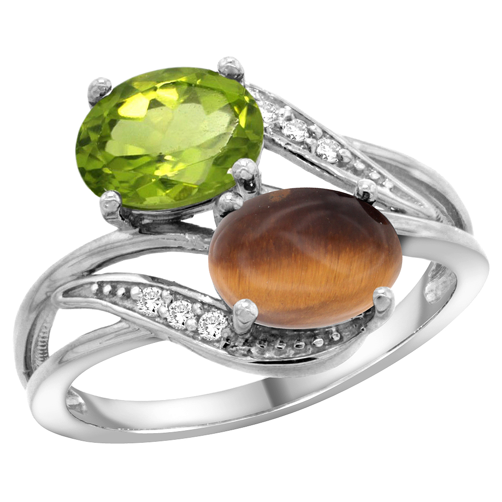 10K White Gold Diamond Natural Peridot &amp; Tiger Eye 2-stone Ring Oval 8x6mm, sizes 5 - 10