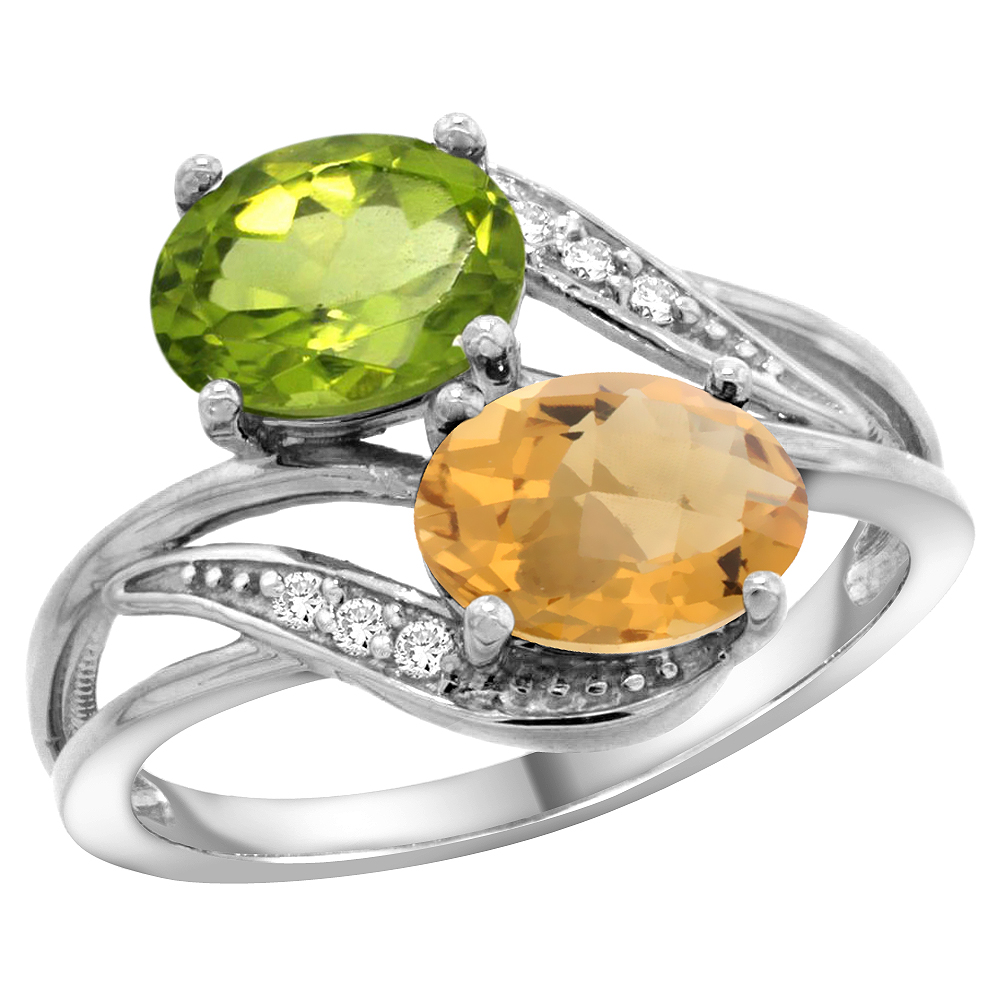 10K White Gold Diamond Natural Peridot &amp; Whisky Quartz 2-stone Ring Oval 8x6mm, sizes 5 - 10