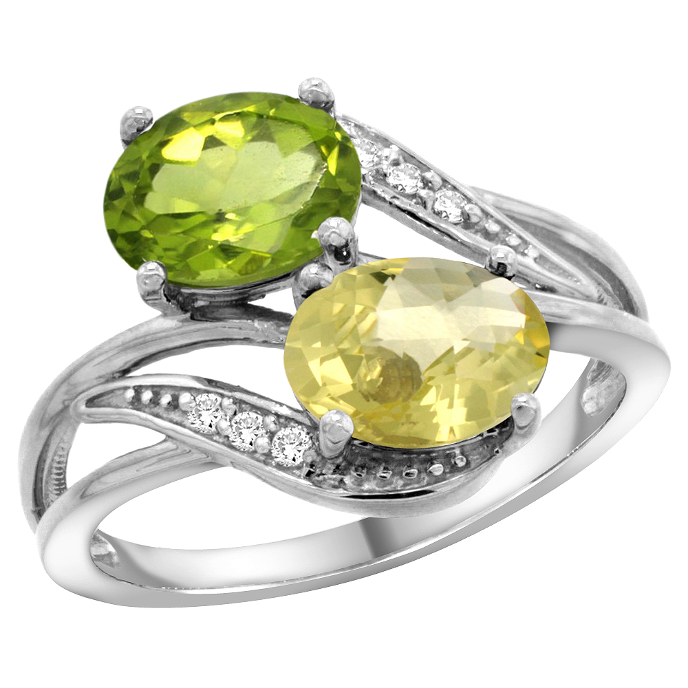 10K White Gold Diamond Natural Peridot &amp; Lemon Quartz 2-stone Ring Oval 8x6mm, sizes 5 - 10