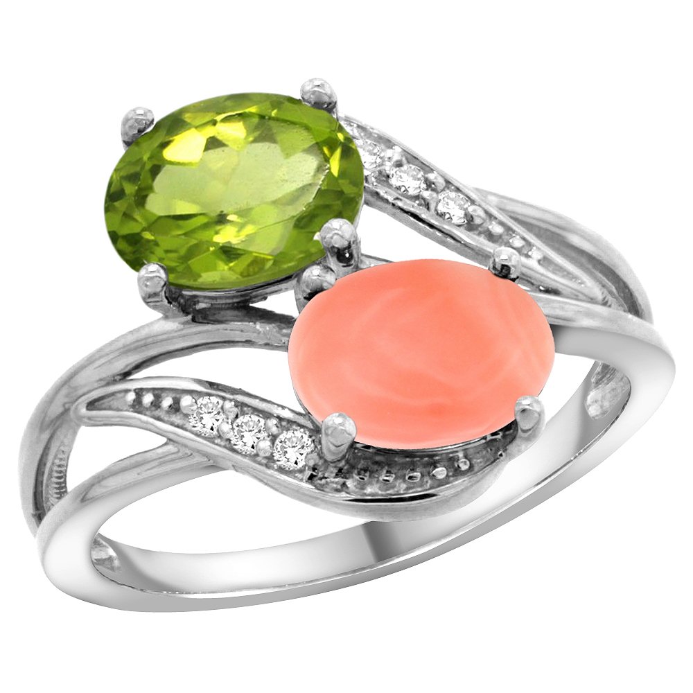 10K White Gold Diamond Natural Peridot & Coral 2-stone Ring Oval 8x6mm, sizes 5 - 10