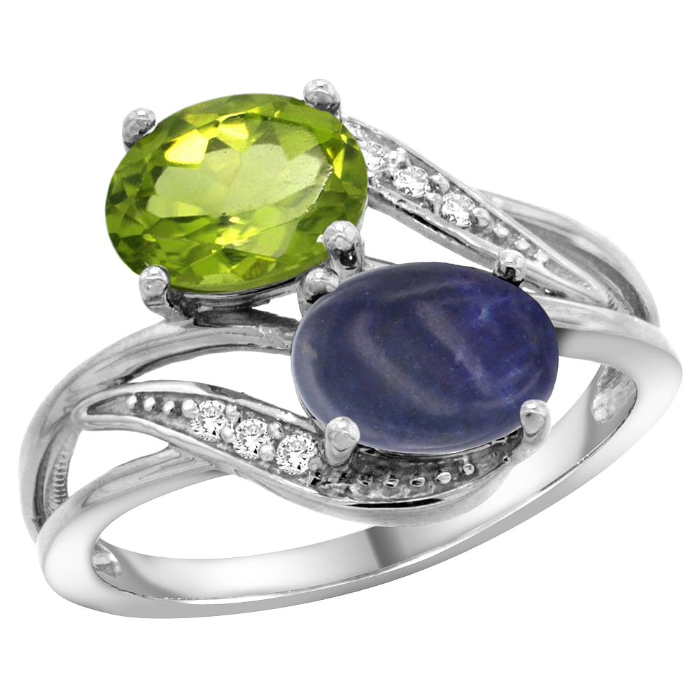 10K White Gold Diamond Natural Peridot &amp; Lapis 2-stone Ring Oval 8x6mm, sizes 5 - 10