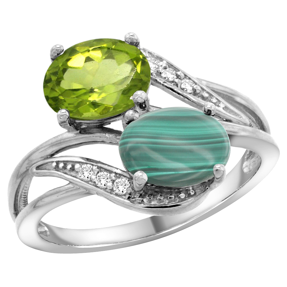 10K White Gold Diamond Natural Peridot & Malachite 2-stone Ring Oval 8x6mm, sizes 5 - 10