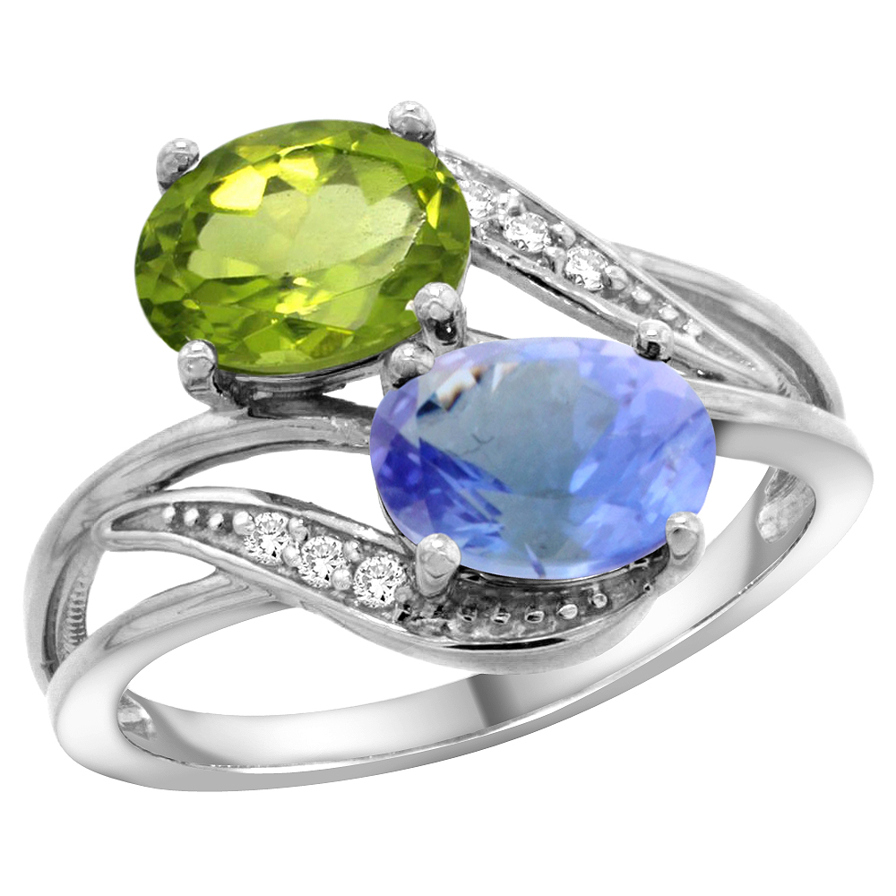 10K White Gold Diamond Natural Peridot & Tanzanite 2-stone Ring Oval 8x6mm, sizes 5 - 10