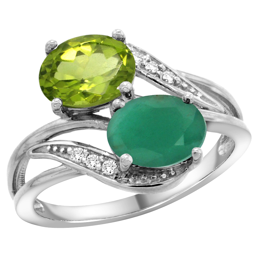 10K White Gold Diamond Natural Peridot &amp; Quality Emerald 2-stone Mothers Ring Oval 8x6mm, size 5 - 10