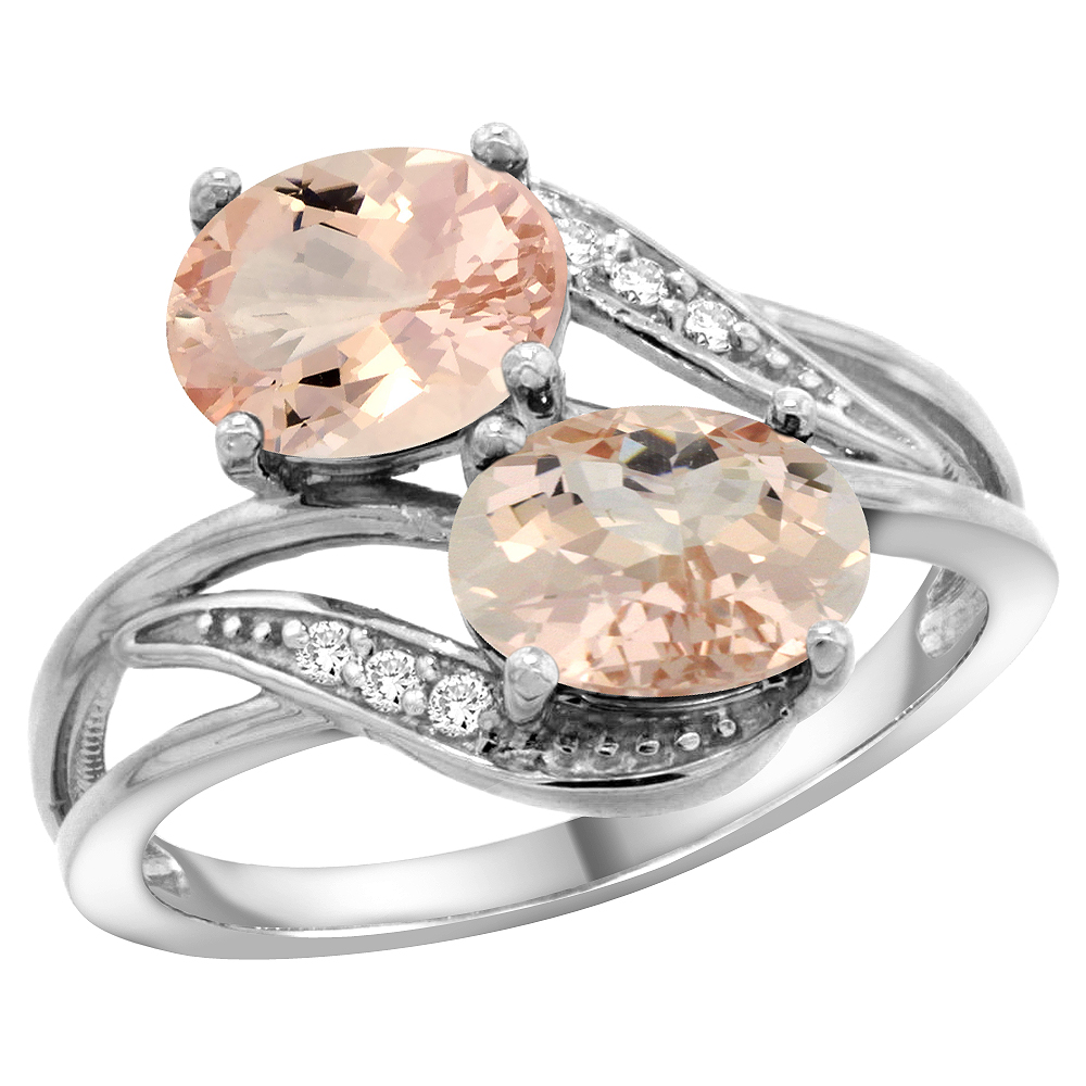 10K White Gold Diamond Natural Morganite 2-stone Ring Oval 8x6mm, sizes 5 - 10