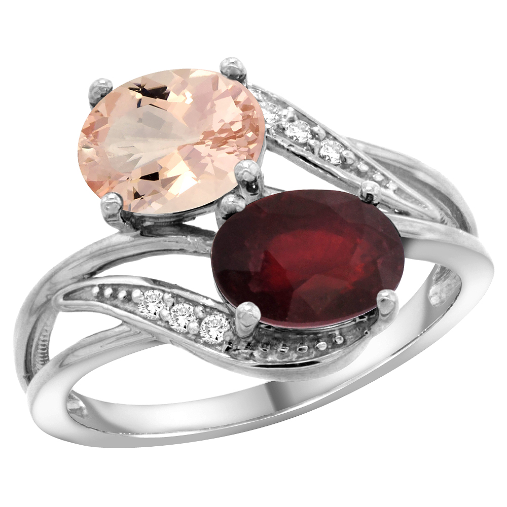 10K White Gold Diamond Natural Morganite &amp; Enhanced Ruby 2-stone Ring Oval 8x6mm, sizes 5 - 10