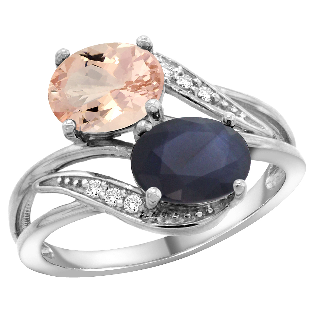 10K White Gold Diamond Natural Morganite &amp; Blue Sapphire 2-stone Ring Oval 8x6mm, sizes 5 - 10