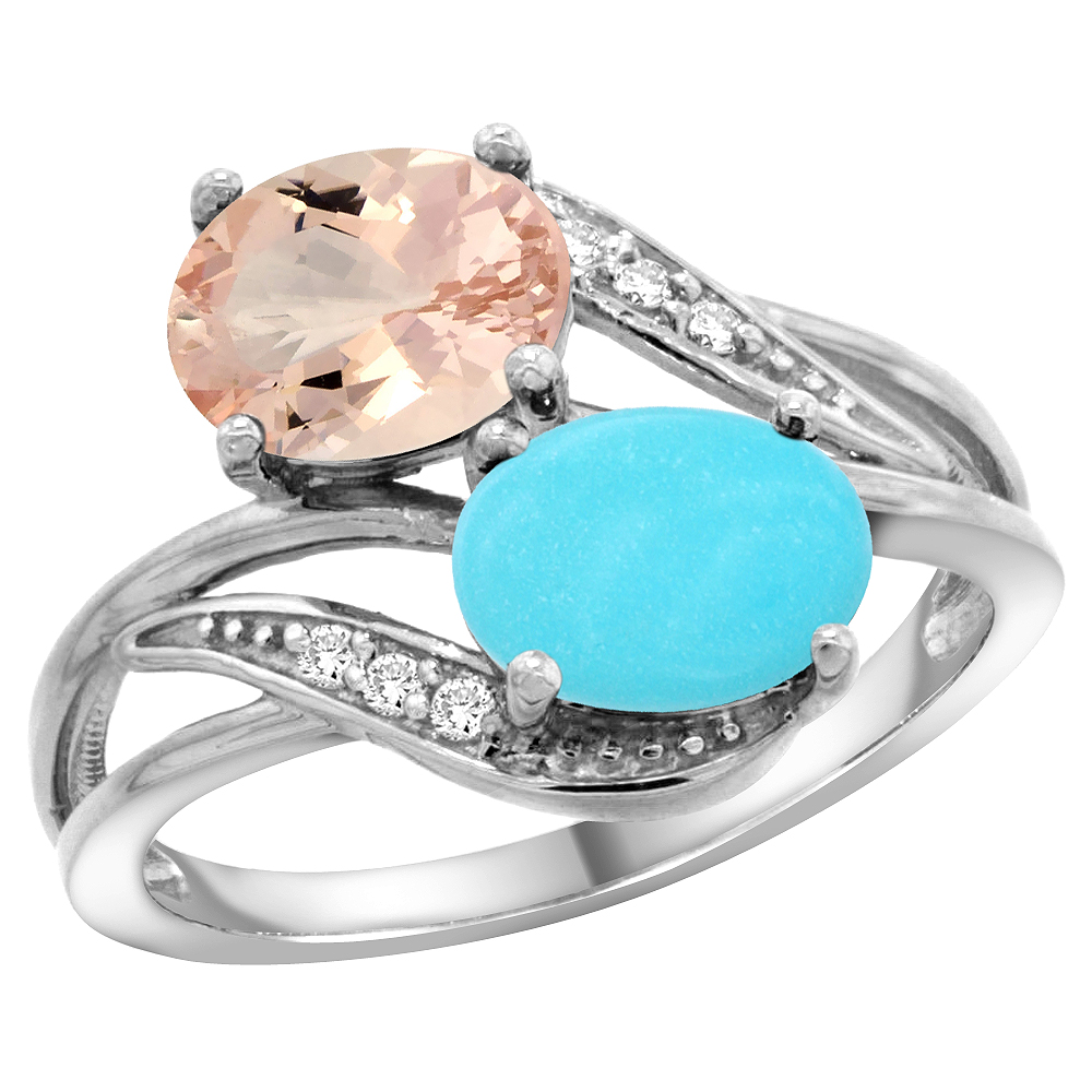 10K White Gold Diamond Natural Morganite & Turquoise 2-stone Ring Oval 8x6mm, sizes 5 - 10