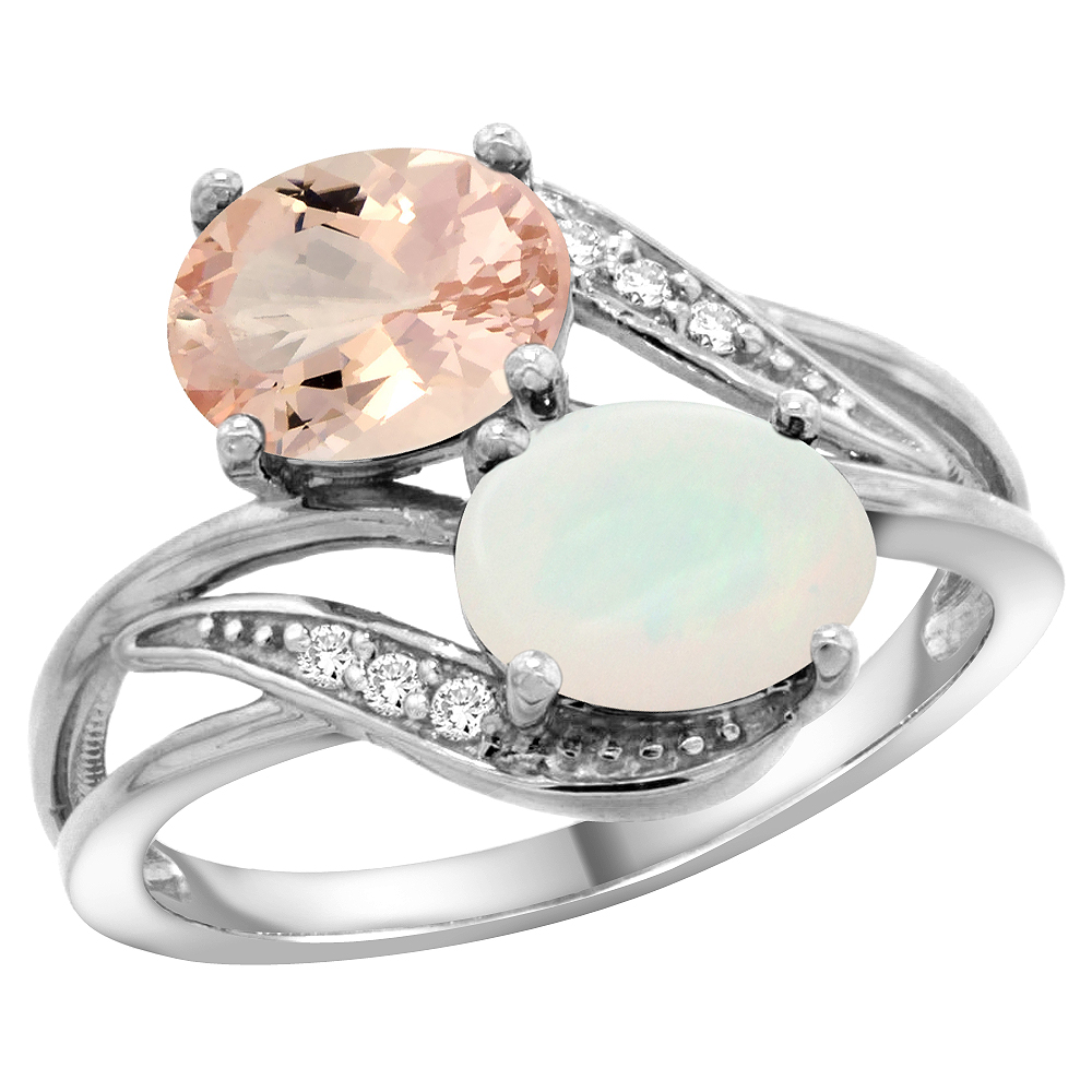 10K White Gold Diamond Natural Morganite &amp; Opal 2-stone Ring Oval 8x6mm, sizes 5 - 10