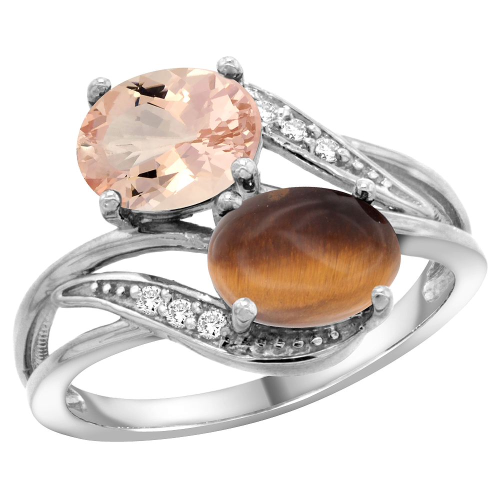 10K White Gold Diamond Natural Morganite & Tiger Eye 2-stone Ring Oval 8x6mm, sizes 5 - 10