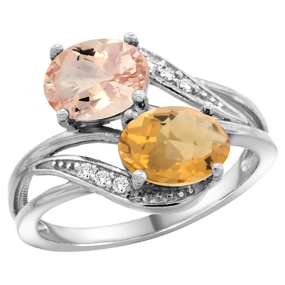 10K White Gold Diamond Natural Morganite & Whisky Quartz 2-stone Ring Oval 8x6mm, sizes 5 - 10