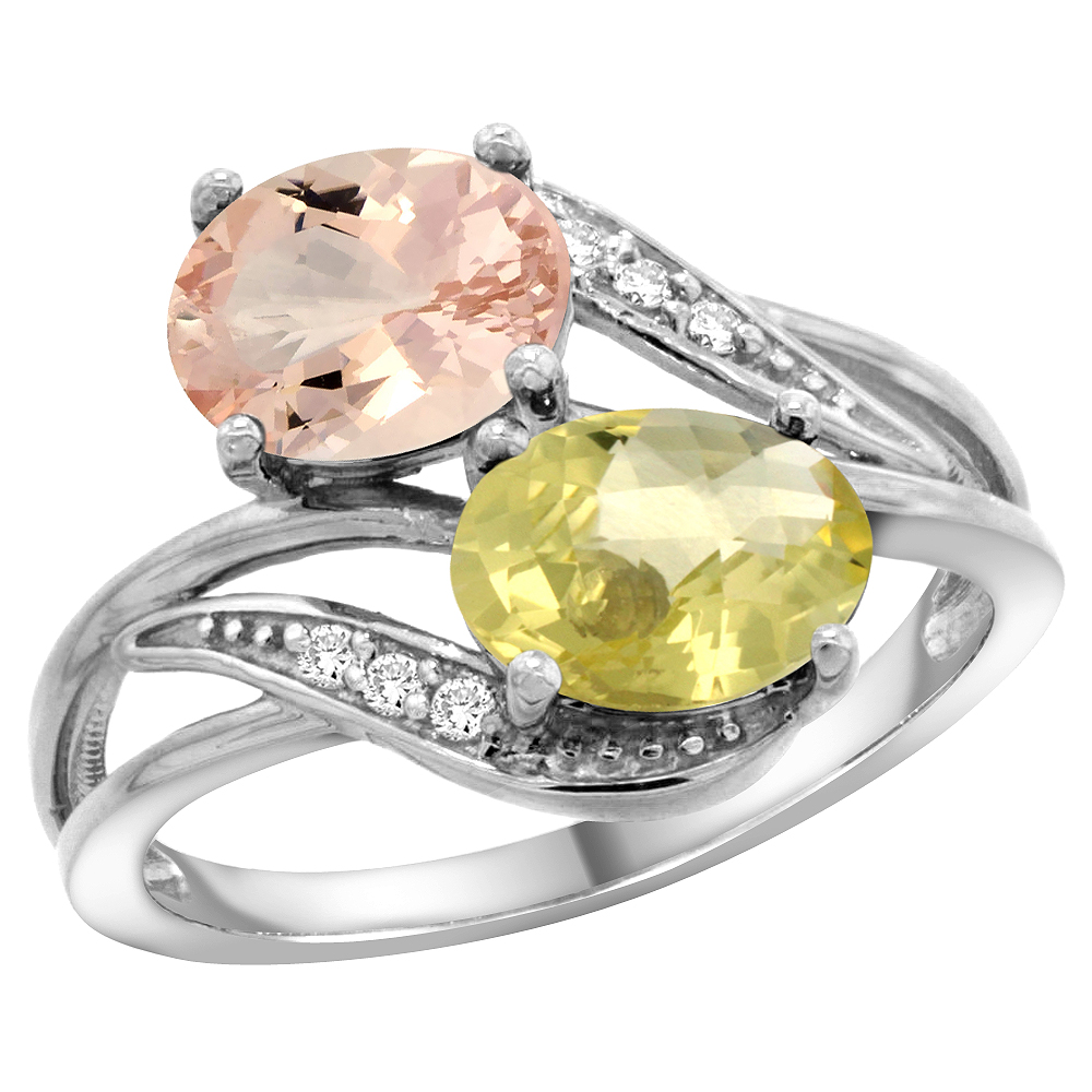 10K White Gold Diamond Natural Morganite &amp; Lemon Quartz 2-stone Ring Oval 8x6mm, sizes 5 - 10