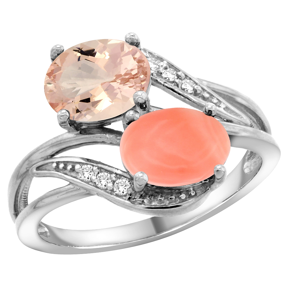 10K White Gold Diamond Natural Morganite &amp; Coral 2-stone Ring Oval 8x6mm, sizes 5 - 10